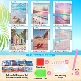 Frienda 6 Pcs Diamond Painting Kits 12 x 16 Inch DIY 5D Abstract Landscapes Diamond Art Full Round Drill Crafts for Adults Youth Beginners Numbers for Home Wall Decor Gifts (Pink Ocean)