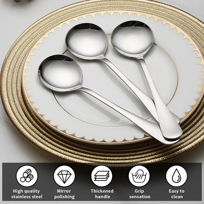 Kyraton Soup Spoons 12 Pieces, Stainless Steel Round Stainless Steel