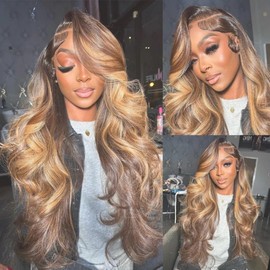 ARIETIS Ombre Highlight Lace Front Wigs Human Hair 200 Density 12A Body Wave Honey Blonde P4/27 13x4 Glueless HD Lace Frontal Wigs for Black Women Pre Plucked Bleach Knots With Baby Hair 28 Inch