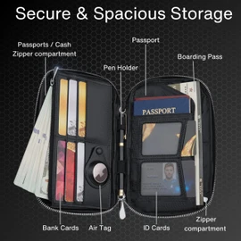 F & EN CO Leather Passport Holder Wallet Family with Airtag Holder RFID Blocking – Travel Wallet, Air Tag Holder, Spacious Design, Dual Zippers, Spill-Resistant