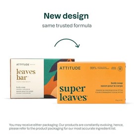 ATTITUDE- Jabón corporal en barra para baño y ducha, certificado por EWG, sin plástico, con ingredientes de origen vegetal y mineral, Vega