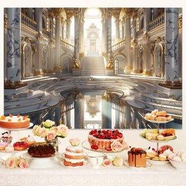 10x8ft Retro Golden Luxury Palace Hall Backdrop Grand Opera Castle Luxurious Chandelier Staircase European Paris Interior Background for Wedding Birthday Party Ceremony Photo Booth Props