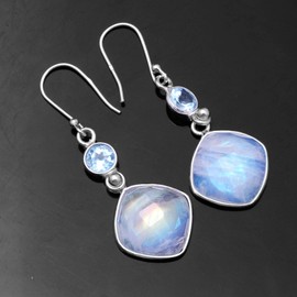 Silver Palace Sterling Silver Natural Rainbow Moonstone,Blue Topaz Earrings for Womens and Girls