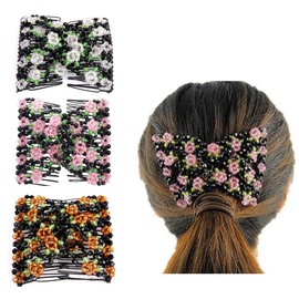 3PCS Beads Hair Combs Magic Hair Side Combs Stretch Double Clips Elastic Beaded Hair Clips Bun Maker Hair Accessories for Women