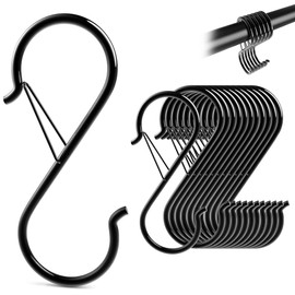 GAOHUI Pack of 12 S Hooks for Hanging, S Hooks Stainless Steel with Safety Buckle, 9 cm S Hooks, Stainless Steel, Anti-Drop Stainless Steel Hanging Hooks, for Utensils and Cupboard Rail, Black