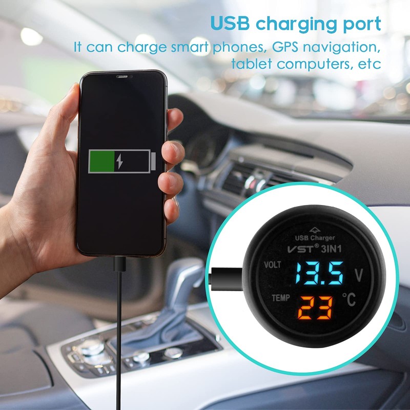 Car Voltmeter, 3 in 1 12V/24V Car USB Charger Thermometer