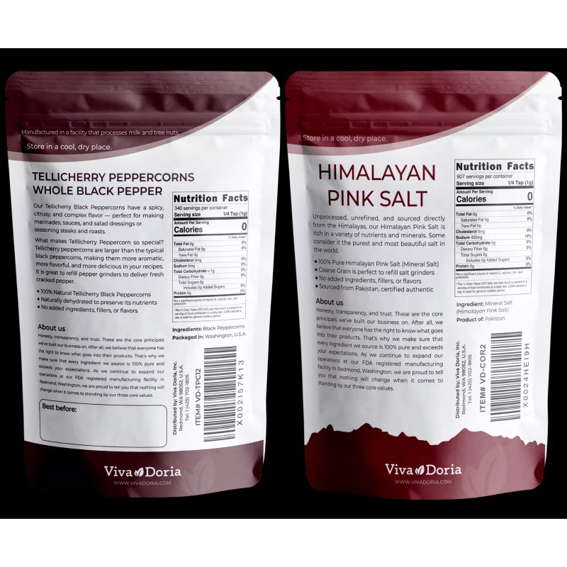 Viva Doria Tellicherry Peppercorn 12 oz and Himalayan Pink Salt