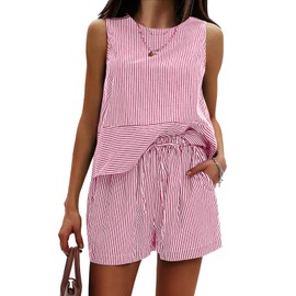 EXLURA Women's Summer 2 Piece Outfits Sleeveless Tank Top Matching Shorts Sets Cotton Striped Sweatsuits Vacation Beach 2025