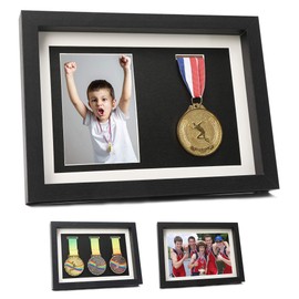 Medal Display Shadow Box - 3 Medal Display Case - Perfect for Runners, Marathon, Race Winner, Soccer, Football, Gymnastics & All Sports (Black, A4)