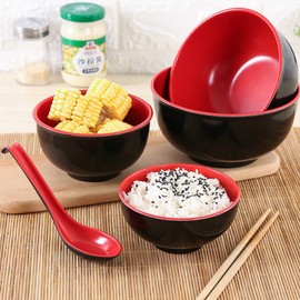 Pack of 5 Soup Spoons Chinese Style with Hooks Plastic Noodle Soup Spoon Long Handle Serving Spoon Non-Toxic Easy Care for Home, Restaurants, Offices, Buffets, Canteens, Hotels etc. Red + Black