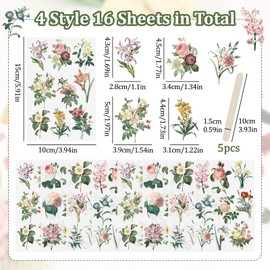 WANDIC 16 Sheets Rub On Transfer Stickers Minimalist Retro Flower Decals Waterproof Stickers Furniture Craft Decals for DIY Scrapbooking