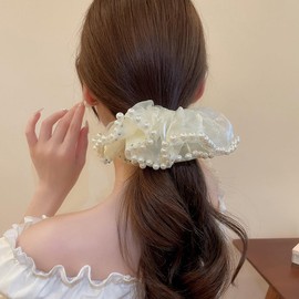 Jumwrit Pearl Hair Scrunchies Long Ponytail Holder Large Hair Tie Non Slip Elastic Chiffon Beaded Hair Band Fashion Stretch Hair Rope Accessories for Women Girls (Off White)