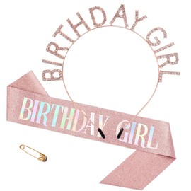 Birthday Crown, Splatter Set, Party Supplies, BIRTHDAY GIRL, Birthday Girl Tiara Belt Set, Fun Party Decorations, Girls Children, SNS Flattering, Sparkle Birthday Party Supplies (Pink)