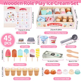Wooden Ice Cream Toys for Toddlers 3-5, Kids Wooden Toys Play Kitchen Accessories, Play Food Sets for Kids Kitchen, Pretend Play Toys Gifts for 3 4 5 Year Old Girls Boys Birthday Christmas