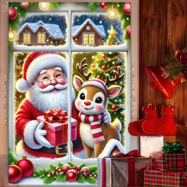 BlissYard Christmas Window Curtain Santa Claus Reindeer Window Decorations 31x47 Inch Cute Santa And Reindeer Curtain Window Decoration Holiday Scene For Festive Home Decoration Christmas Poster