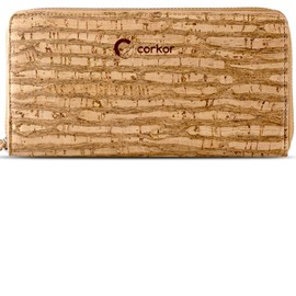 Corkor RFID Wallet Women Zip Around Clutch, Natural Cork Non-Leather Vegan Gift Brown Zebra(Size:M)
