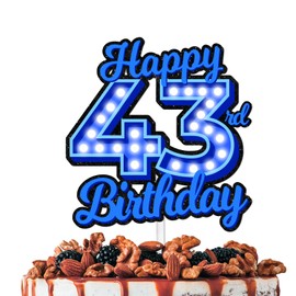 Decoración de decoración para tartas de cumpleaños 43 con purpurina azul, suministros de decoración para fiestas locas, para hombres y mujeres, feliz cumpleaños, 43 aniversarios