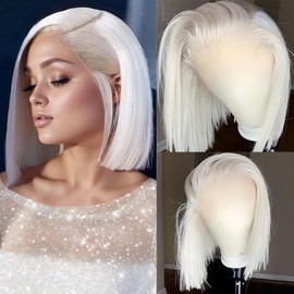 FENJUN HAIR #60 Grey White Platinum Blonde Bob Wig Human Hair HD Lace Front Wigs for Women 12 Inch Silky Straight Ash Blonde Bob Hair Cut Glueless Wigs Human Hair Pre plucked and Bleached Knots
