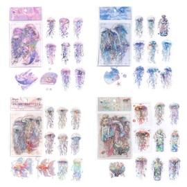 HACRAHO Scrapbook PET Stickers, 4 Pack Multi-Color Glitter Jellyfish Stickers Waterproof Scrapbook PET Stickers for Scrapbooking DIY Crafts Journaling Supplies