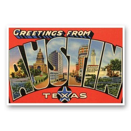 GREETINGS FROM AUSTIN, TX vintage reprint postcard set of 20 identical postcards. Large Letter Austin, Texas city name post card pack (ca. 1930's-1940's). Made in USA.