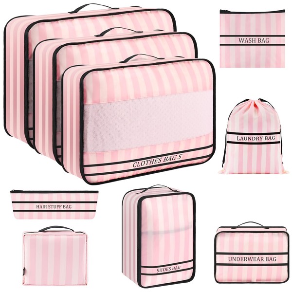 Ougrand 9 Set Packing Cubes Luggage Packing Organizers for Travel Accessories Space Saving Travel Bags for Carry On, Lightweight Mesh Zipper, Clothes, Shoes and Laundry Bag, Suitcases (Pink Streak)