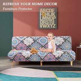 LiveGo Armless Futon Slipcovers Stretch Folding Sofa Bed Cover with Elastic Bottom, Printed Fitted Couch Cover Furniture Protector for Pets, Kids (Red Brown)