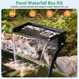 POPOSOAP Pond Waterfall Box with Pump Kit, 304 Stainless Steel Pond Waterfall Spillway with 40W 660GPH Pump for Ponds, Pond Spillway for Garden Waterfall
