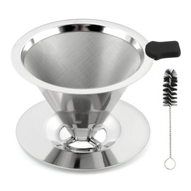 Pour Over Coffee Dripper, Stainless Steel Cone Coffee Filter with Base, Dual-Layer Fine Mesh Coffe Filter, Paperless Reusable Cone Coffee' Maker Dripper with Cleaning Brush(SIZE:M)