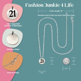 FashionJunkie4Life Stainless Steel Number 21 Necklace | 20mm Round Laser Engraved Pendant with 18" Chain | Birthday Anniversary Lucky Number Gift for Women & Men