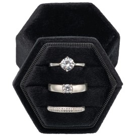 POKOFO Equal Hexagon Velvet Ring Box Storage 3 Slots for Wedding Ceremony Proposal Engagement Birthday (Black)