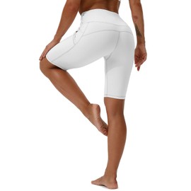 Kaleilo High Waist Yoga Shorts for Women Tummy Control Fitness Running Shorts with Pockets White S