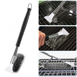 Grillbürste, 3 in1 Edelstahl Grillrost Bürste mit Schaber, 42cm Extra Langer PP Wärmedämmung Griff, Kleiner Grill Reinigungsbürste, für Gasgrill, Holzkohlegrill, Kugelgrill, Elektrogrill, Grillrost