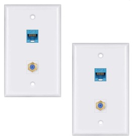 Ethernet Coax Wall Plate 2Pack,1 Cat6 Ethernet Port and 1 Gold-Plated Cable TV Coax F Type Port Wall Plate (White)