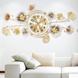 JXQXYN Wall Clock, Clocks for Living Room, Silent Wall Clock Decorative, 3D Retro Metal Ginkgo Leaf Design, for Office Bedroom Kitchen Clock(33''x18'')