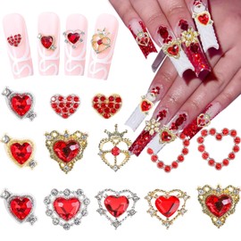 13Pcs Red Heart Nail Charms for Nail Art Metal Valentine's Day Nail Art Charms Gold Silver Nail Rhinestones Romantic Love Hearts Crystals Design Alloy Nail Gems Jewel Valentines Charms Nail Decoration