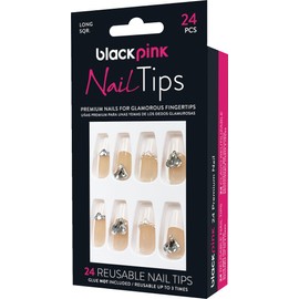 Blackpink Press-On Nail Tips Ready Painted Long Perfect Fit Ready To Go, Glue Included, Reusable, Glue on Nails, Long Nail Kit 24PC - BNT017