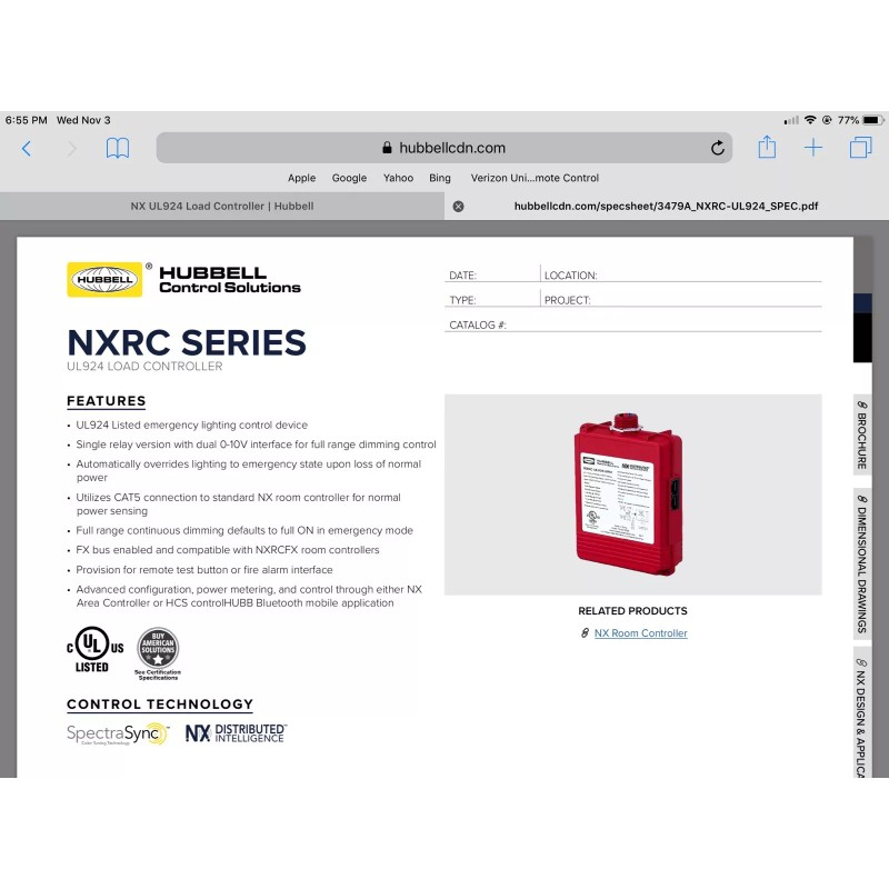 Hubbell NEW HUBBELL NXRC-UL924-UNV EMERGENCY LIGHTING LOAD CONTROLLER 1-ZONE NX