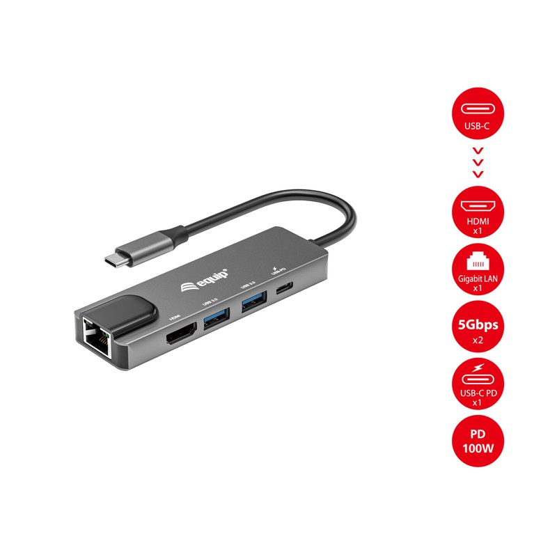 Equip 133489 USB-C 5-in-1 Multifunction Adapter HDMI Gigabit LAN USB