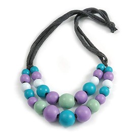 Avalaya Layered Graduated Multicoloured Pastel Shades Wooden Bead with Grey Fabric Cord Necklace - 66cm Long