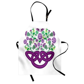 Ambesonne Thistle Apron, Celtic Knot and Thistle Plant in Basket Form with Flowers, Unisex Kitchen Bib Apron with Adjustable Neck for Cooking Baking Gardening, Shamrock Green Violet and Purple