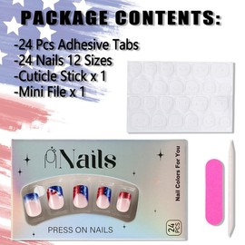 KTAABTR Independence Day Press on Nails Short Square Fake Nails with Glue American Flag French Tip Acrylic Nails Design Glitter False Nails Stick on Nails for Woman Nude Nails Decoration Set 24Pcs