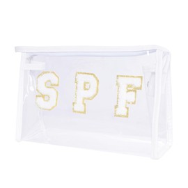 Hmxpls Clear Preppy Patch Makeup Bag, SPF Chenille Letter Bag for Beach, Clear Pouch with Zipper, Preppy Travel Bags Cosmetic Toiletry Bag for Women Girls Teens (White)