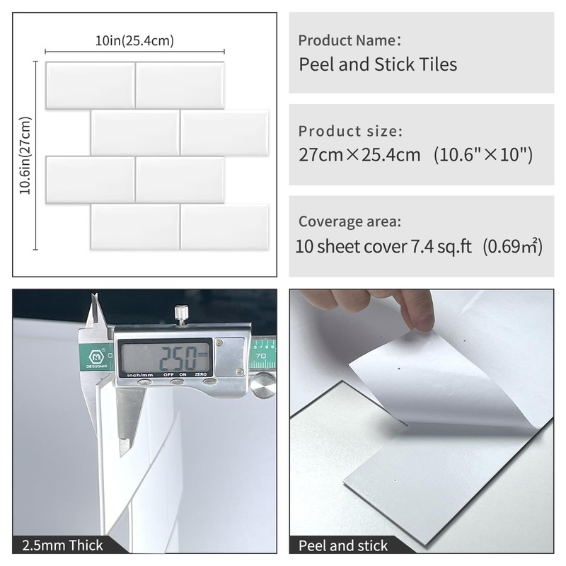 DEWOO 10 Thick White Subway Tile Peel and Stick Backsplash