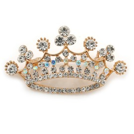 Clear Crystal Crown Brooch In Gold Tone Metal - 50mm W
