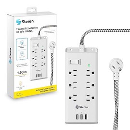 STEREN Multicontacto de 6 Salidas horizontales y Triple Cargador USB 905-455