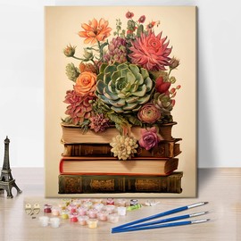 TUMOVO A Succulent on a Book- Paint by Numbers for Adults Beginner, Vintage Plant Adult Paint by Number Kits, Abstract Canvas Painting Kits for Men Women,Home Library Wall Decor 16x20in Frameless