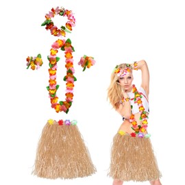 JUKOTA Hawaiian Hula Skirt Costume Set, Garlands Grass Skirt for Adults, Hawaiian Flower Chain Hair Band Bracelets, Beach Party Costume Accessories, for Carnival, Beach Party, Wedding, Tropical Luau