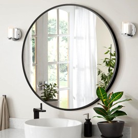 A.T.Lums 32 Inch Black Round Mirror, Wall Mounted Circle Mirror with Metal Frame, Suitable for Bathroom, Vanity, Entryway, Living Room, Wall Decor