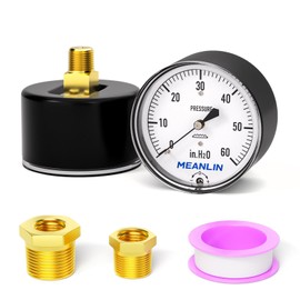 MEANLIN MEASURE 0-60 in H2O Diaphragm Type Capsule Low Pressure Gauge 1/4" NPT 2-1/4" FACE DIAL Adjustable Water Column Gauge, with 1/4" x 1/2" NPT and 1/4" x 3/8" NPT Hex Bushing, Back Mount