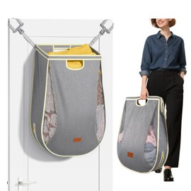 Ligereza Large Capacity Hanging Laundry Hamper Bag,Portable Over The Door Laundry Basket,Breathable Clothes Hamper,for Dormitory/Bathroom/RV Camping 14.5 x 8.6 x 25.5 in (Gray)